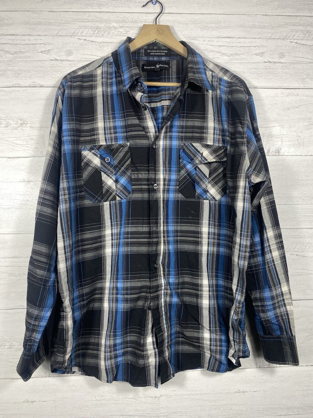Beverly Hills Polo Club Shirt Mens XL Blue Long Sleeve Chest Pockets Button Up